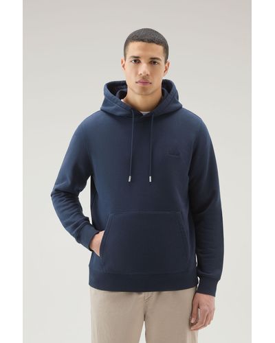 Woolrich Hoodie In Cotton Fleece With Embroidered Logo - Blue