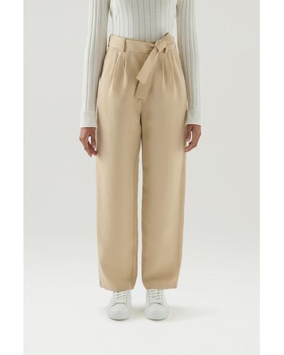 Woolrich Belted Pants In Viscose Linen Blend Feather Beige - Natural