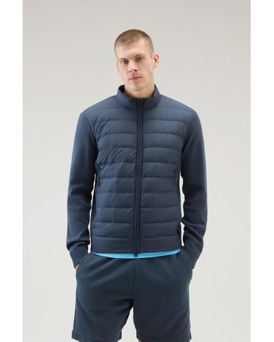 Woolrich Sundance Hybrid Bomber Jacket In Microfibre And Cotton Knit - Blue
