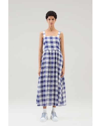 Woolrich Long Dress In Pure Cotton Checked Voile - White