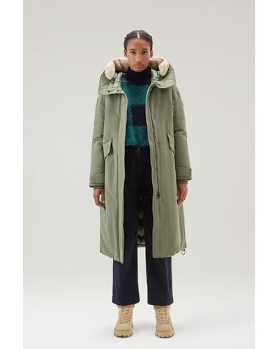 Woolrich Long Parka In Brushed Ramar Cloth - Green