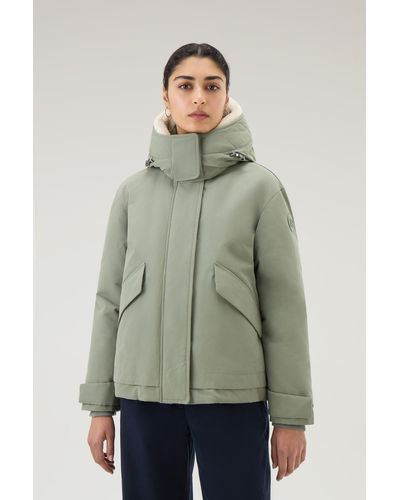 Woolrich Parka In Brushed Ramar Cloth With Detachable Hood - Green
