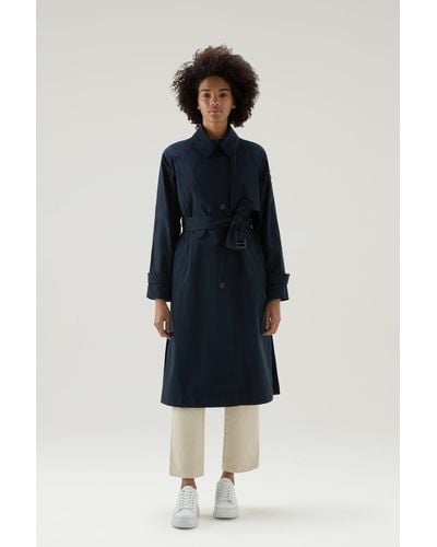 Woolrich Summer Trench In Urban Touch Fabric With Belted Waist Green - Blue