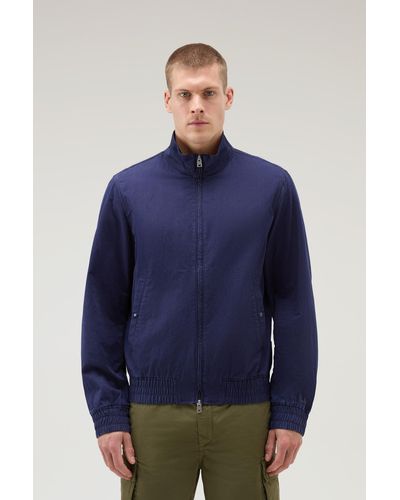 Woolrich Bomber Jacket In Cotton-linen Blend Blue