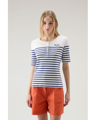 Woolrich Seraph T-shirt In Pure Striped Cotton Blue - Red