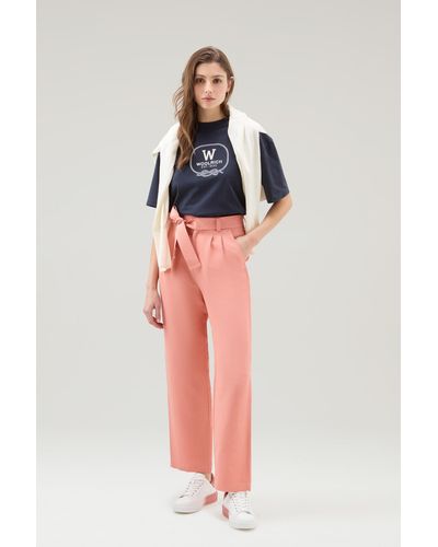 Woolrich Belted Trousers In Linen Blend Pink