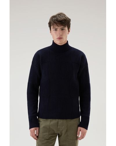 Woolrich Check Turtleneck Sweater In Wool Blend - Blue