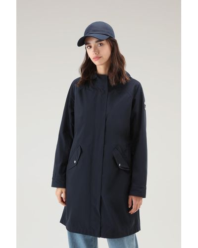 Woolrich Long Summer Parka In Urban Touch Fabric With Hood - Blue