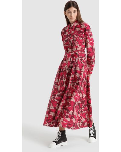 Woolrich Long Wilderness Dress In Cotton Poplin - Red