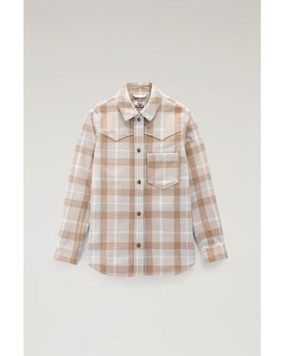 Woolrich Western Check Overshirt In Wool Blend Flannel - Natural