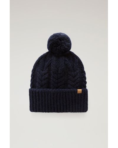 Woolrich Beanie In Wool And Alpaca Blend With Pom-pom - Blue
