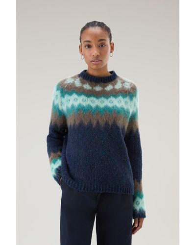 Woolrich Fair Isle Pullover In Wool And Mohair Blend - Blue