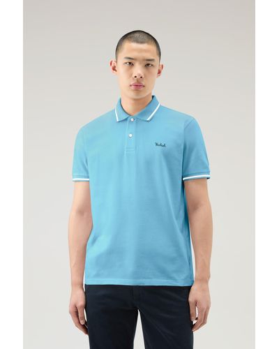 Woolrich Monterey Polo Shirt In Stretch Cotton Piquet With Striped Edges - Blue