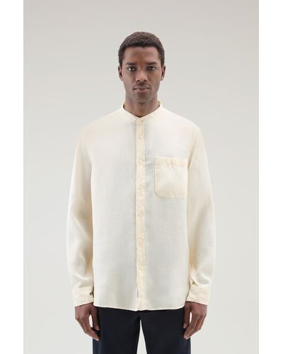 Woolrich Garment-dyed Pure Linen Shirt With Band Collar White - Natural