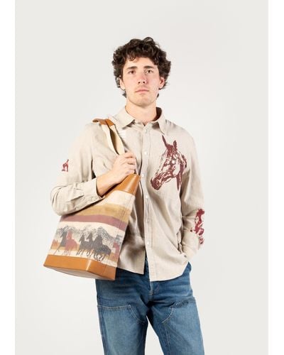 Woolrich Tote Bag In Pure Cotton With Leather Handles - One Of These Days / - Natural