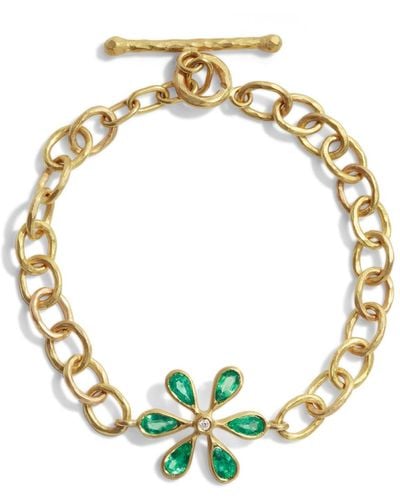 Cathy Waterman Zambian Emerald Flower Yellow Gold Bracelet - Metallic