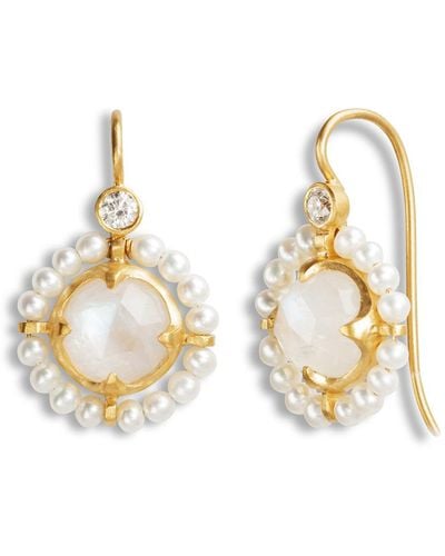 Cathy Waterman Rainbow Moonstone And Akoya Pearl Orbit Yellow Gold Earrings - Metallic