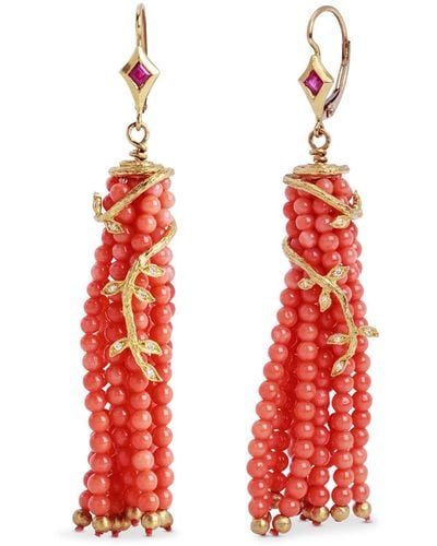 Cathy Waterman Coral And Ruby Tassel Vine Yellow Gold Earrings - Red
