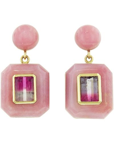 Retrouvai Bicolor Tourmaline And Pink Opal Lollipop Yellow Gold Drop Earrings