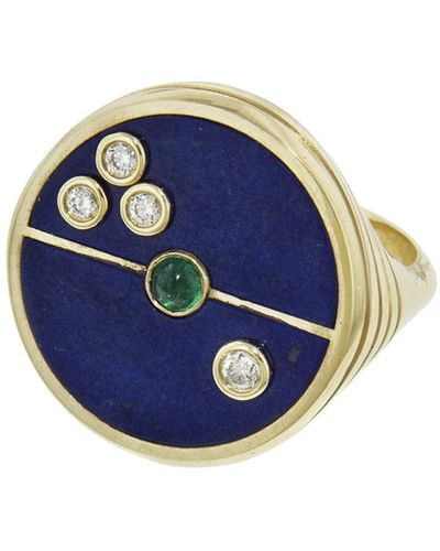 Retrouvai Lapis And Emerald Compass Yellow Gold Ring - Blue