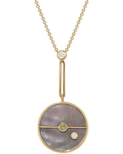 Retrouvai Signature Dark Mother Of Pearl And Mint Garnet Compass Yellow Gold Necklace - Metallic