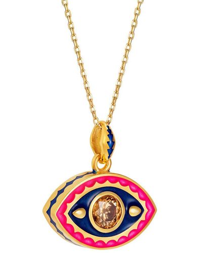 Nevernot Pink And Navy Enamel With Yellow Topaz Center Necklace - Multicolor
