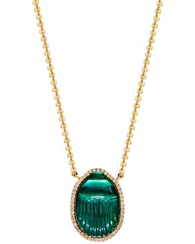 Lito Green Chalcedony And White Diamond Scarab Luna Yellow Gold Necklace