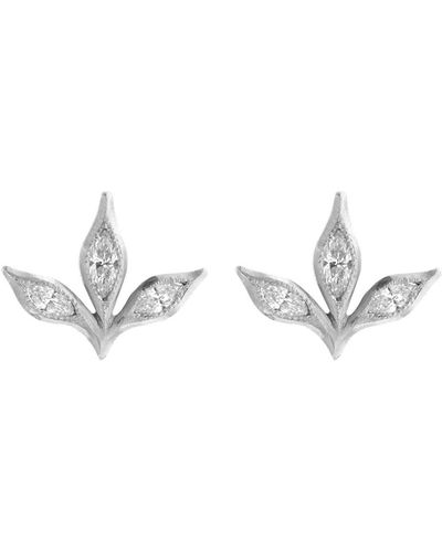 Cathy Waterman Three Marquise Diamond Leaf Platinum Stud Earrings - White