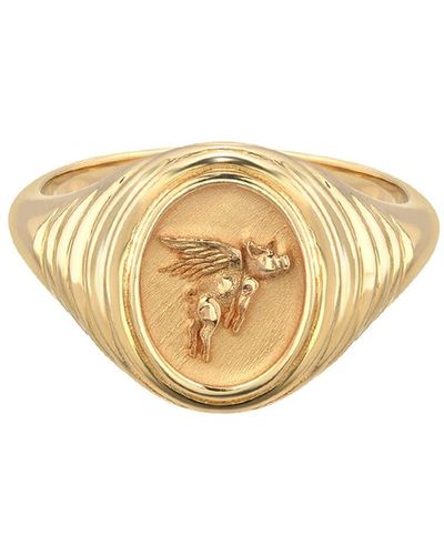 Retrouvai Flying Pig Tiered Fantasy Yellow Gold Signet Ring, 6 - White