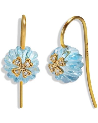 Cathy Waterman Blue Topaz Flower Bead With Wildflower Overlay Yellow Gold Earrings
