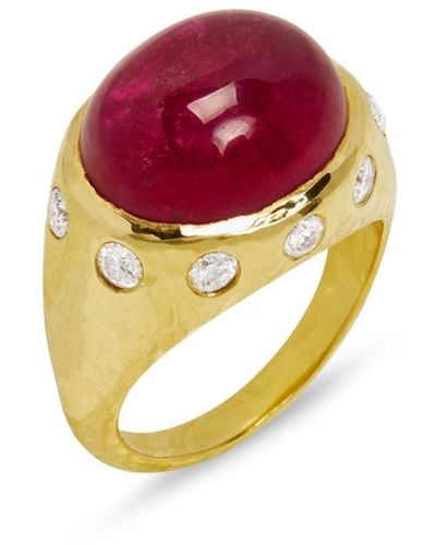 Octavia Elizabeth Rubellite Cabachon & Diamond Yellow Gold Ring - Red