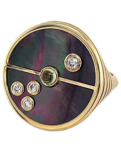 Retrouvai Dark Mother Of Pearl And Mint Garnet Compass Yellow Gold Ring, 6 - Multicolor
