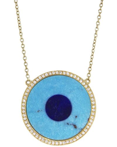 Jennifer Meyer Turquoise Inlay And Lapis Center Eye With Diamond Surround Yellow Gold Necklace - Blue