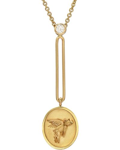Retrouvai Flying Pig Fantasy Signet Yellow Gold Pendant Necklace - Metallic