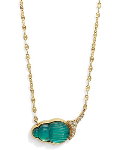 Lito Giada Small Green Chalcedony & Diamond Scarab Yellow Gold Necklace - Blue