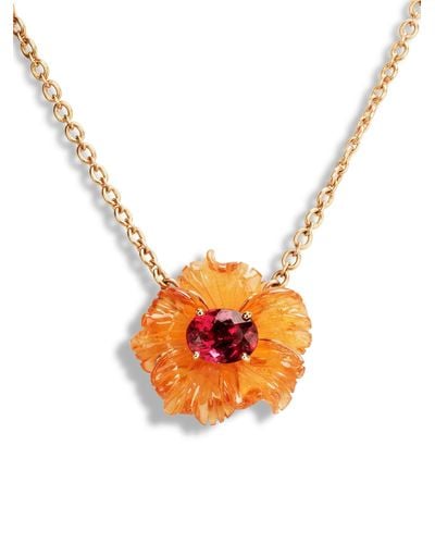 Irene Neuwirth Carved Mandarin Garnet And Rubellite Tropical Flower Rose Gold Necklace - White