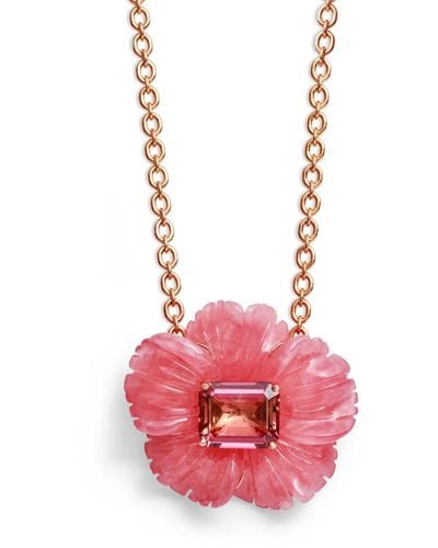 Irene Neuwirth Tropical Flower Carved Rhodochrosite & Pink Tourmaline Center Rose Gold Necklace - Blue