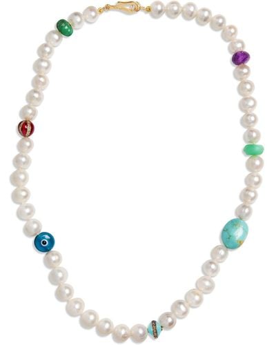 Ileana Makri White Pearl And Multi-color Stone Beaded Necklace - Metallic