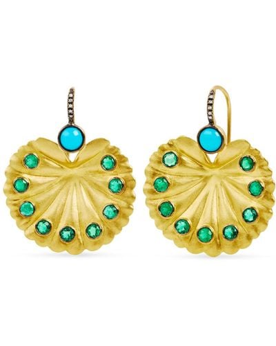 Cathy Waterman Turquoise & Emerald Forest Lily Pad Yellow Gold Earrings