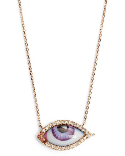 Lito Petit Mauve Enamel, Ruby, And Diamond Evil Eye Rose Gold Necklace - Blue
