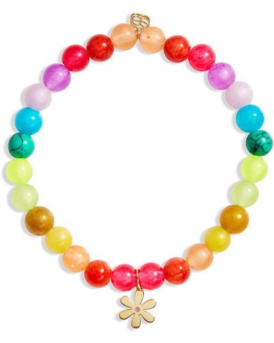 Sydney Evan Pink Sapphire Daisy On Smooth Rainbow Jade Beaded Bracelet