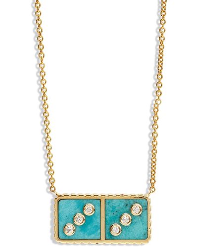 Retrouvai Turquoise And Diamond Petite Domino Yellow Gold Necklace - Blue