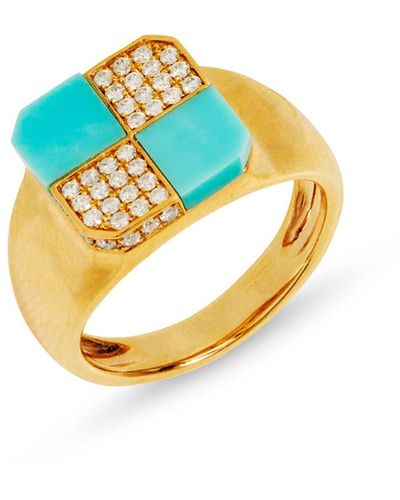 Yvonne Léon Turquoise Mini Damier Yellow Gold Signet Ring - Blue