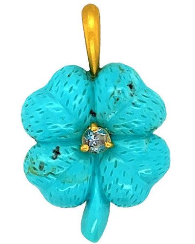 Cathy Waterman Carved Turquoise And Sapphire Clover Yellow Gold Charm - Blue