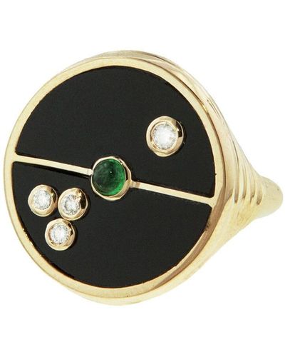 Retrouvai Black Onyx And Emerald Compass Yellow Gold Ring, 6
