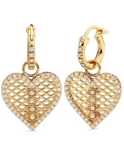 Sydney Evan Marquise Eye Fishnet Heart Yellow Gold Huggie Hoop Earrings - Metallic