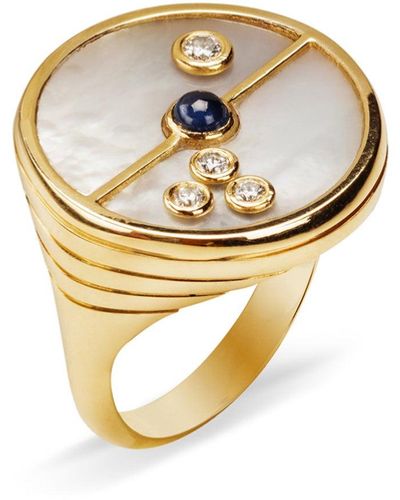 Retrouvai Mother Of Pearl And Blue Sapphire Compass Yellow Gold Ring, 7 - Metallic