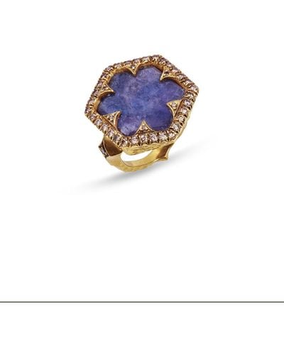 Cathy Waterman Cognac Diamond Framed Rustic Sapphire Hex Yellow Gold Ring - Blue
