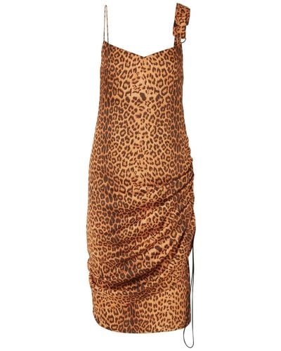 Commission Purse Pull Ruched Leopard-print Satin-twill Dress - Brown