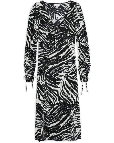 TOPSHOP Tall Black And White Zebra Ruched Sleeve Midi Dress